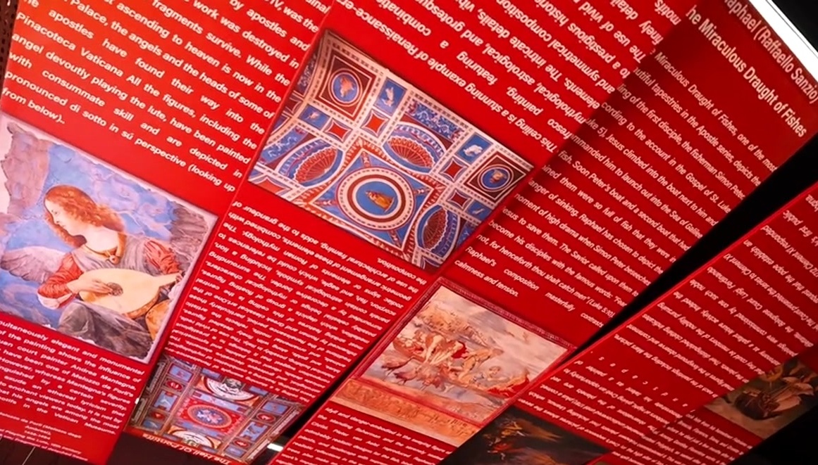 Printed red ceiling installation